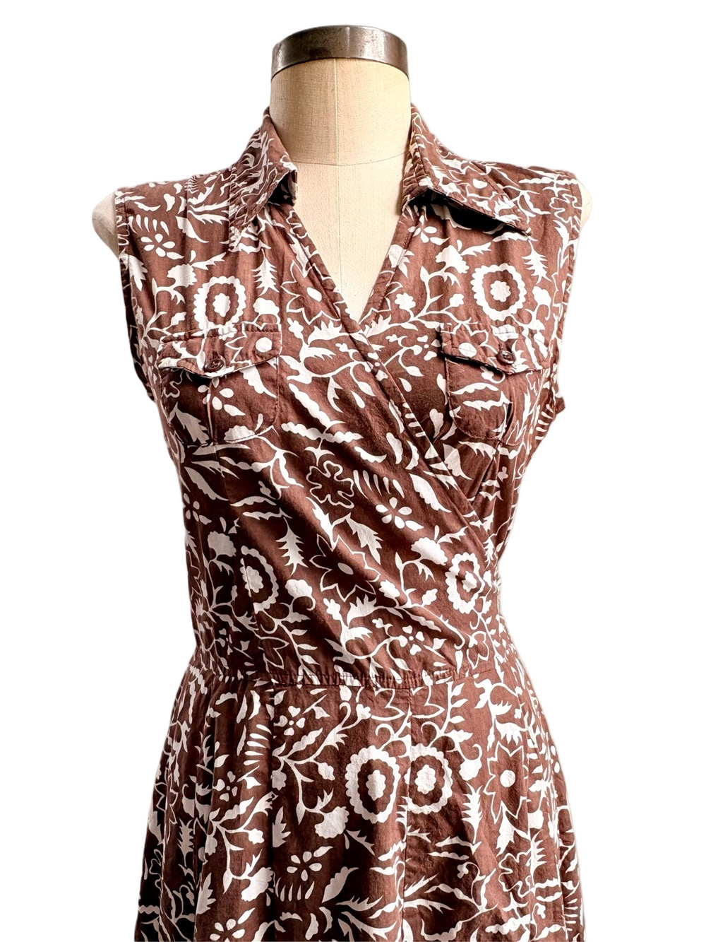 100% Cotton Floral Sleeveless Brown & White Full Skirt Wrap Sun Dress Y2K - Picture 2 of 4